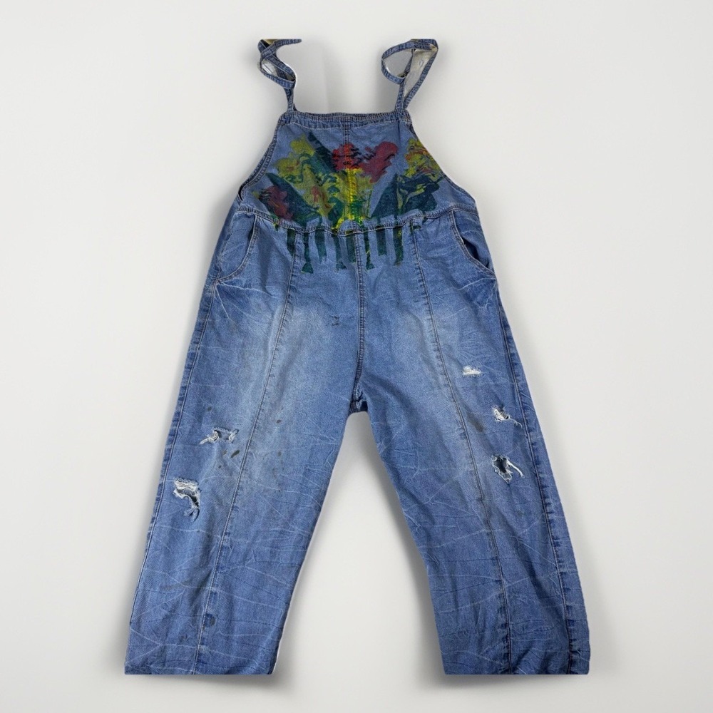Monthorigin Bib Overall Womens‎ Medium Denim OOAK Handpainted Cotton Distressed